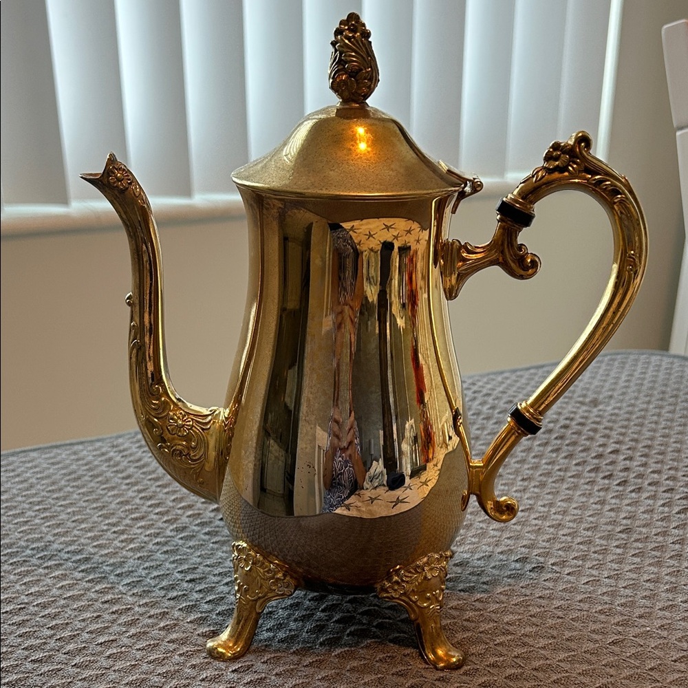 Vintage Silver Plated Brass Teapot Coffee Pot with Ornate Handle